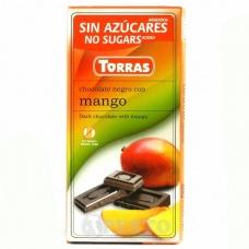 Шоколад Torras без глютену та цукру чорний з манго 75г