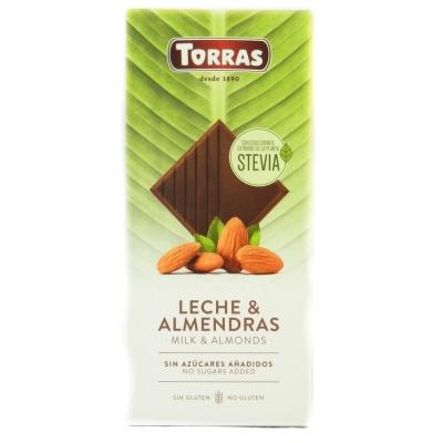 Шоколад Torras Stevia молочний з мигдалем без глютену та цукру 125 г